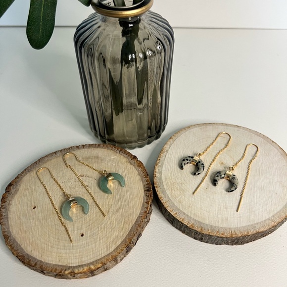 Long Tassel Chain with Moon Horn Natural Stone Pendant- Boho Edgy Earrings - Picture 1 of 16